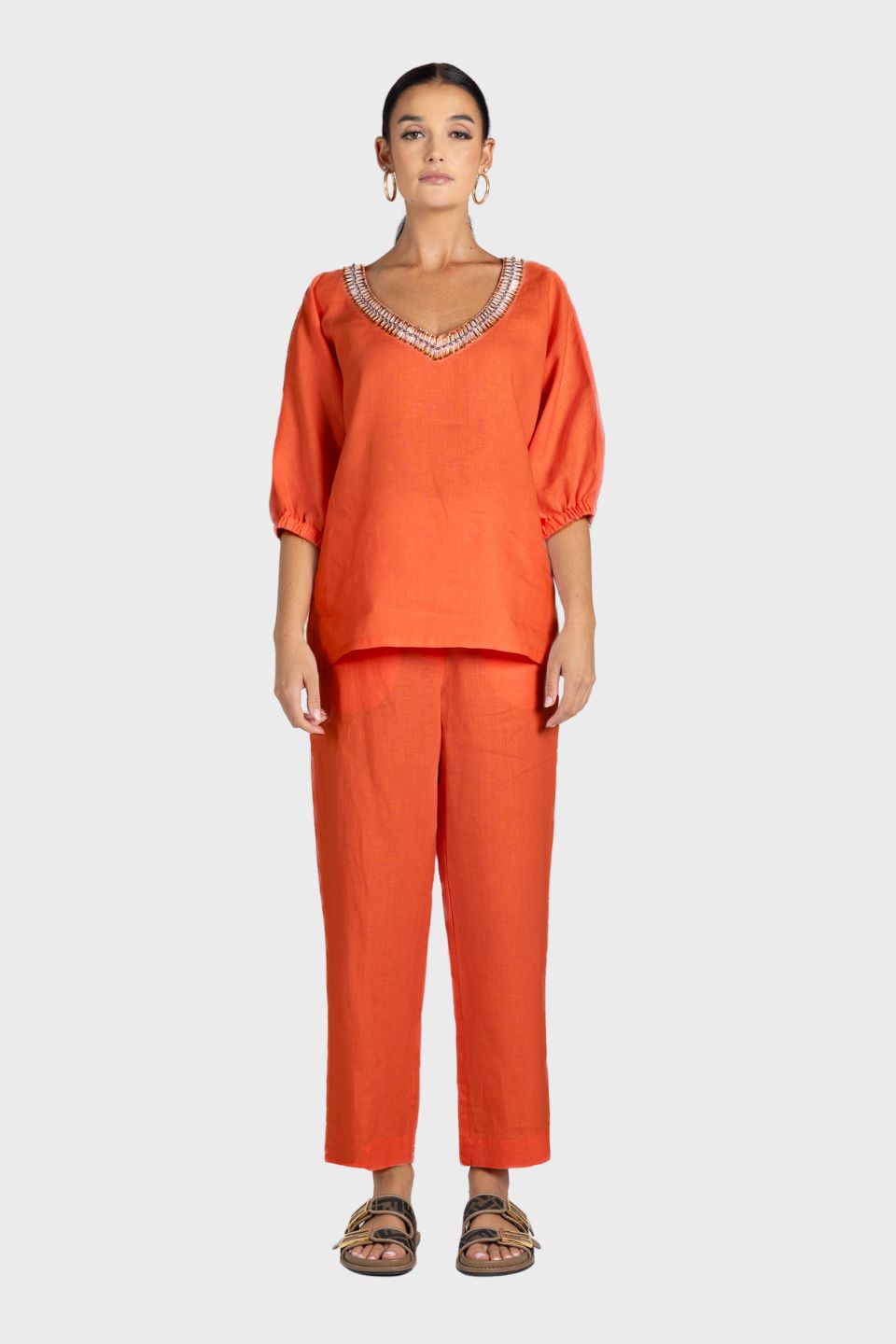 Linen V-Neck Beaded Top