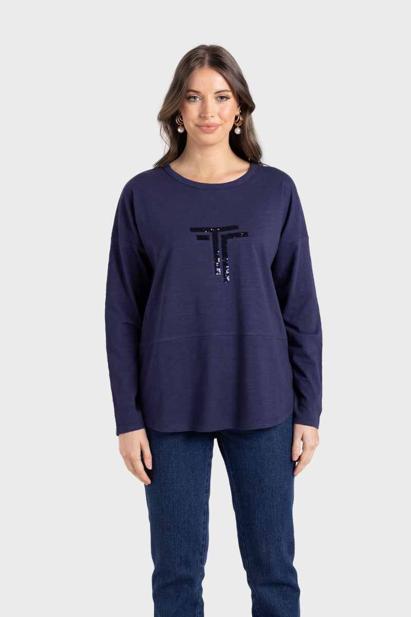 Logo Sequin Crew Long Sleeve Top