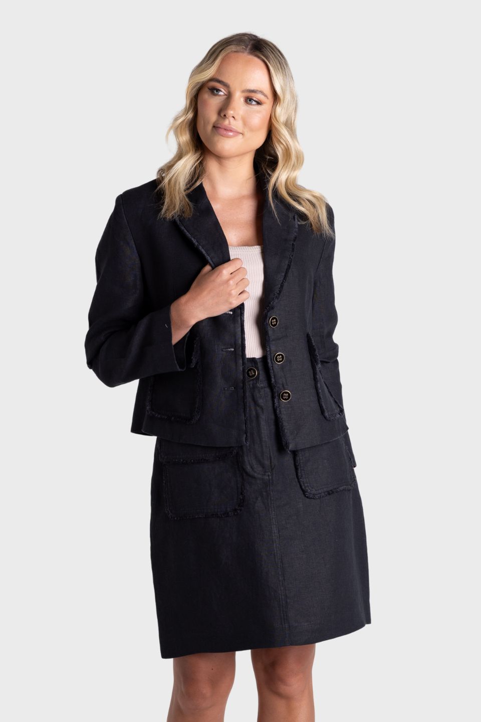 Crop Tweed Linen Jacket With Fringe