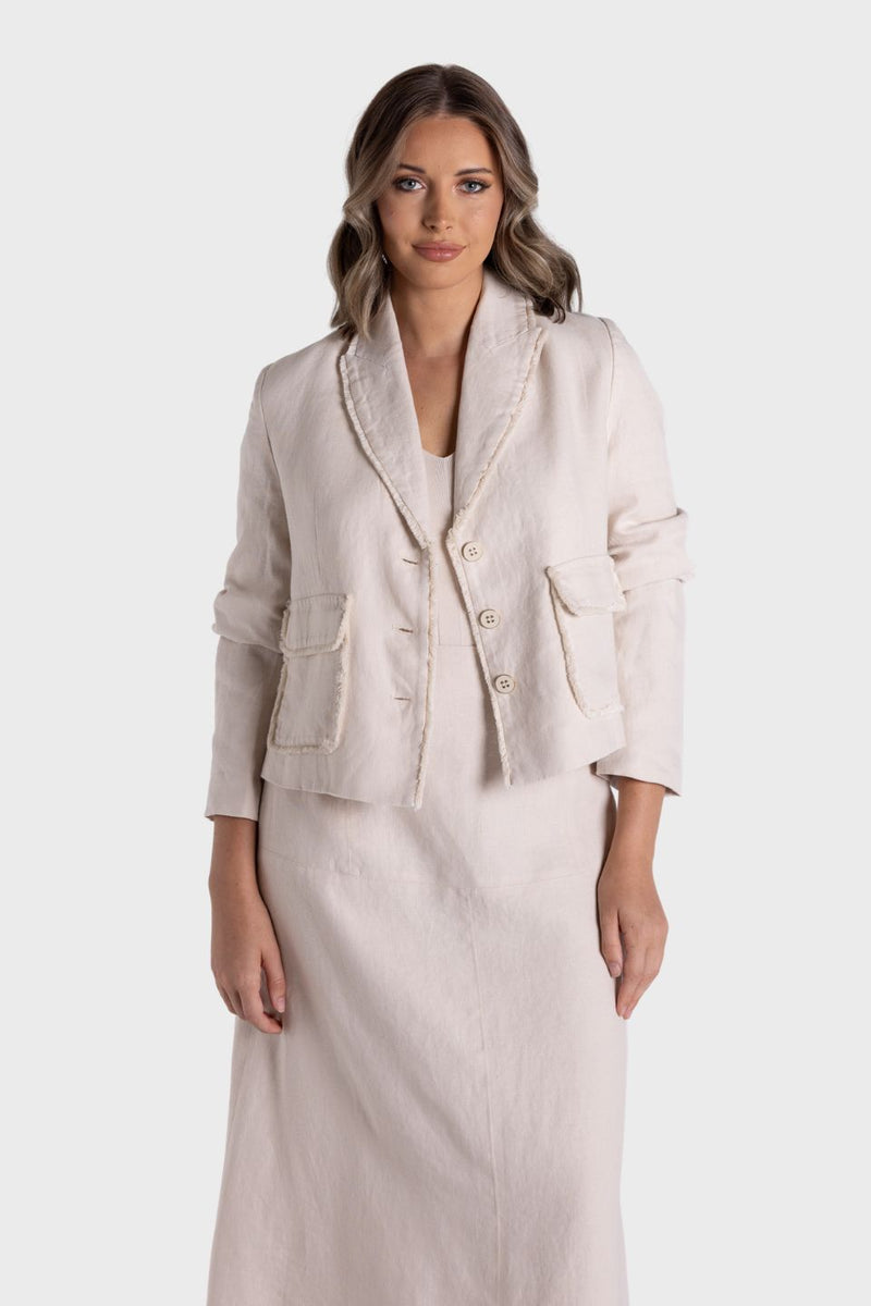 Crop Tweed Linen Jacket With Fringe