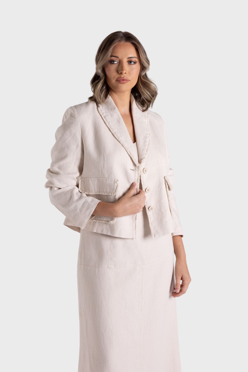 Crop Tweed Linen Jacket With Fringe
