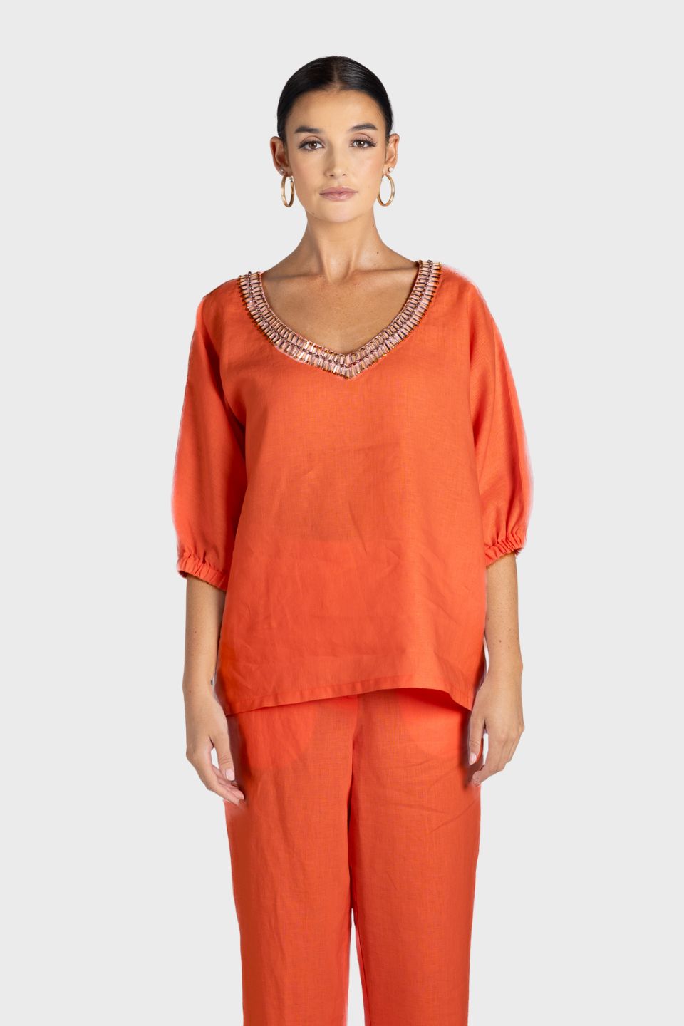 Linen V-Neck Beaded Top