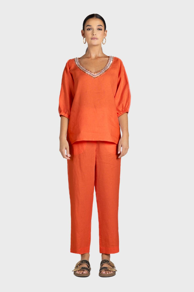 Linen V-Neck Beaded Top