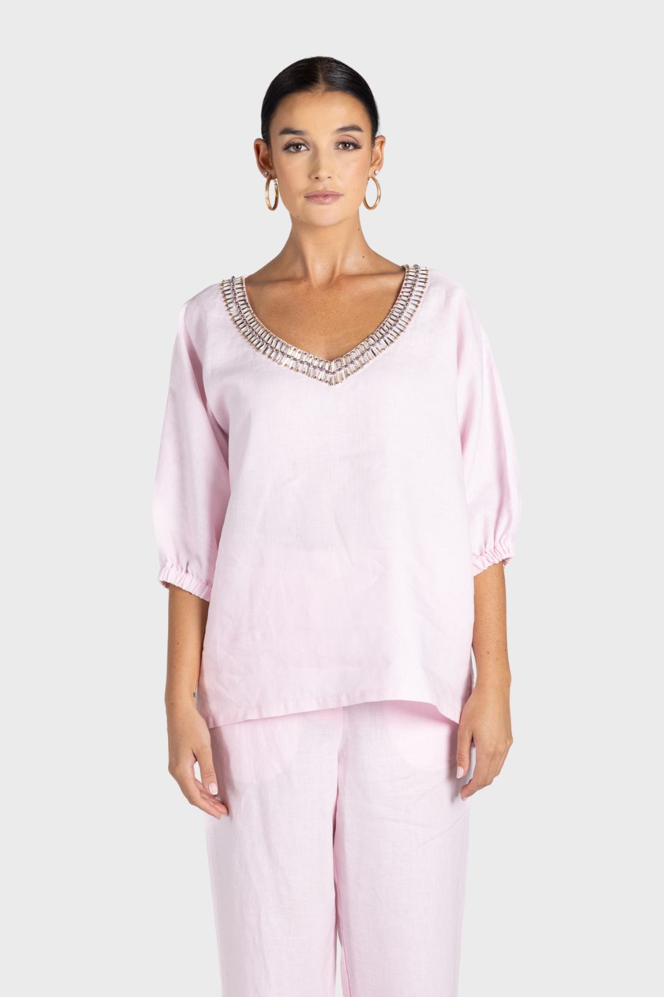 Linen V-Neck Beaded Top