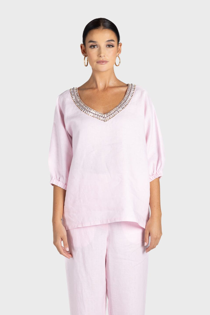 Linen V-Neck Beaded Top