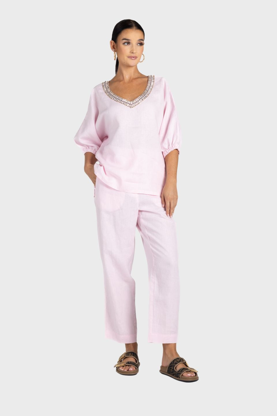 Linen V-Neck Beaded Top