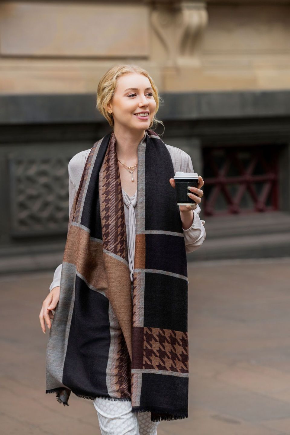 Agnes Maze Houndstooth Wool Scarf
