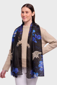 Inky Floral & Crane Silk Scarf