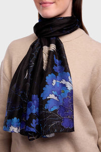 Inky Floral & Crane Silk Scarf